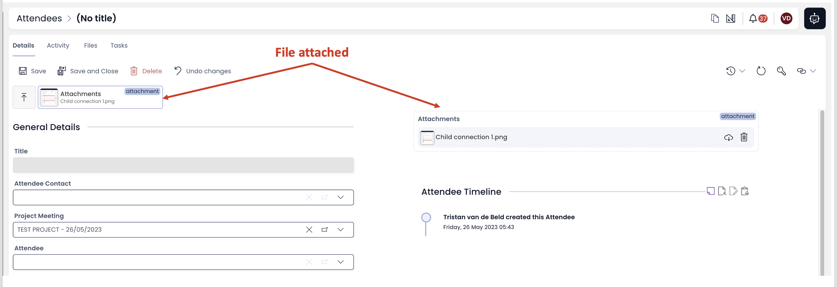 Image showing files attached in Attachment file bar and attachment components